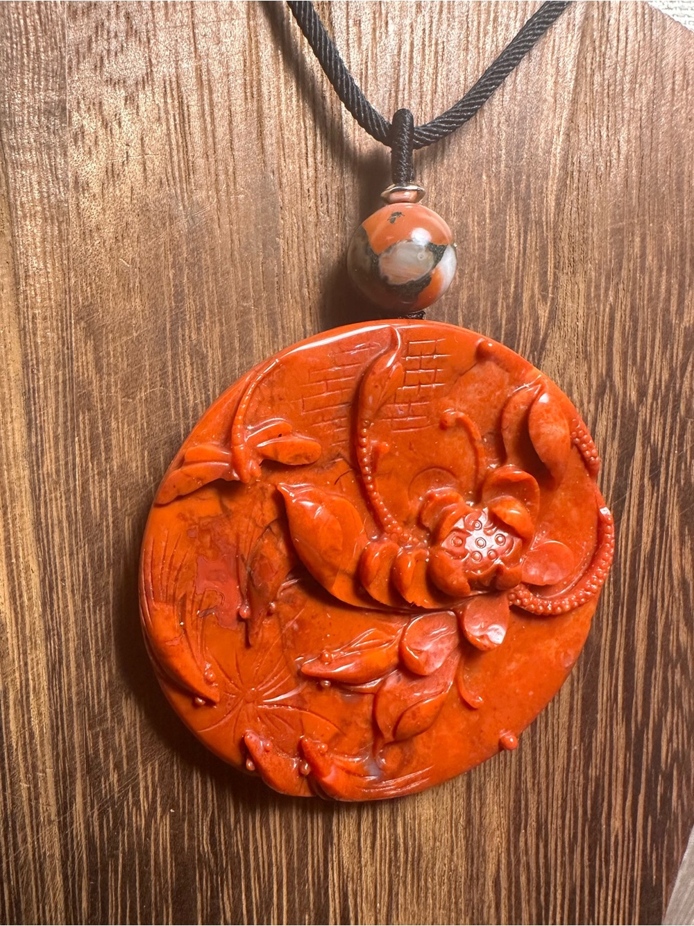 Large Round Red Agate Lotus and Dragonfly Pendant Necklace on Black Rope - Picture 9 of 13